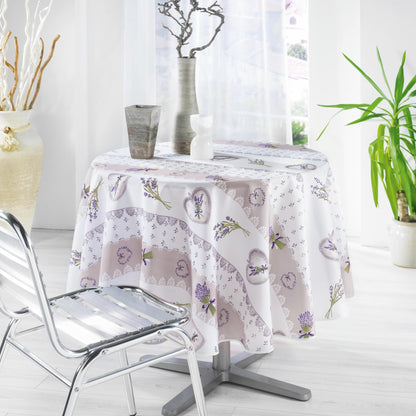 Tovaglia antimacchia rotonda grigia con motivo lavanda decorativo