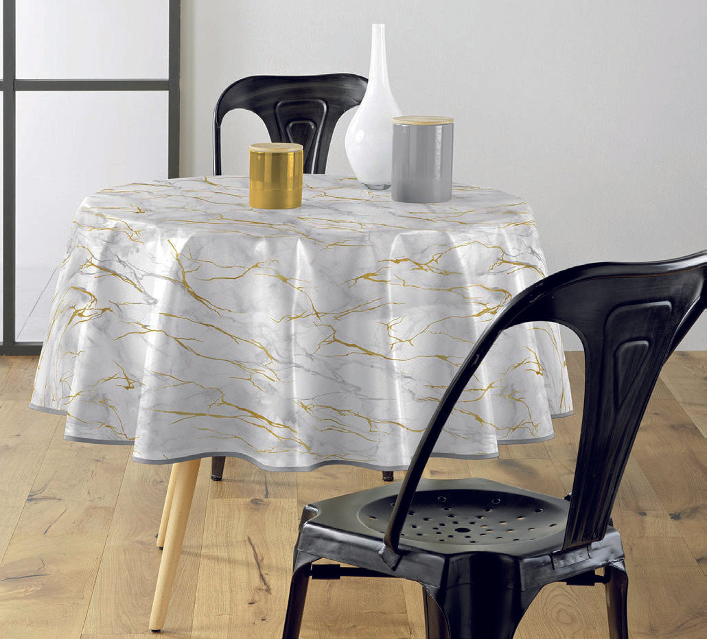 Tovaglia antimacchia rotonda grigio e oro con motivo effetto marmo