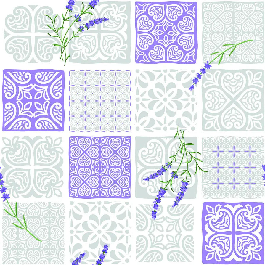 Dettaglio fantasia provenzale grigio e lilla su tovaglia antimacchia