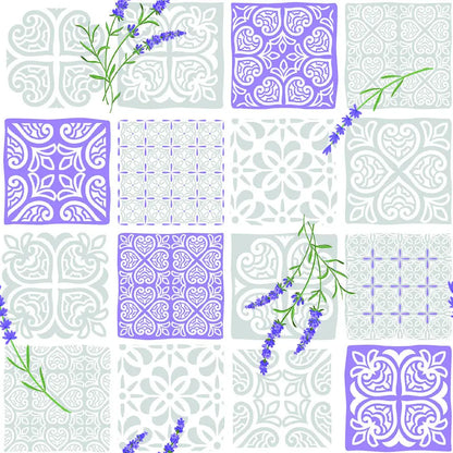 Dettaglio fantasia provenzale grigio e lilla su tovaglia antimacchia