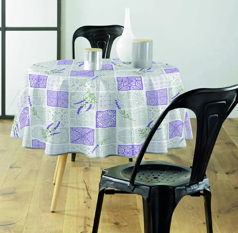 Tovaglia antimacchia grigio e lilla rotonda con motivo decorativo provenzale