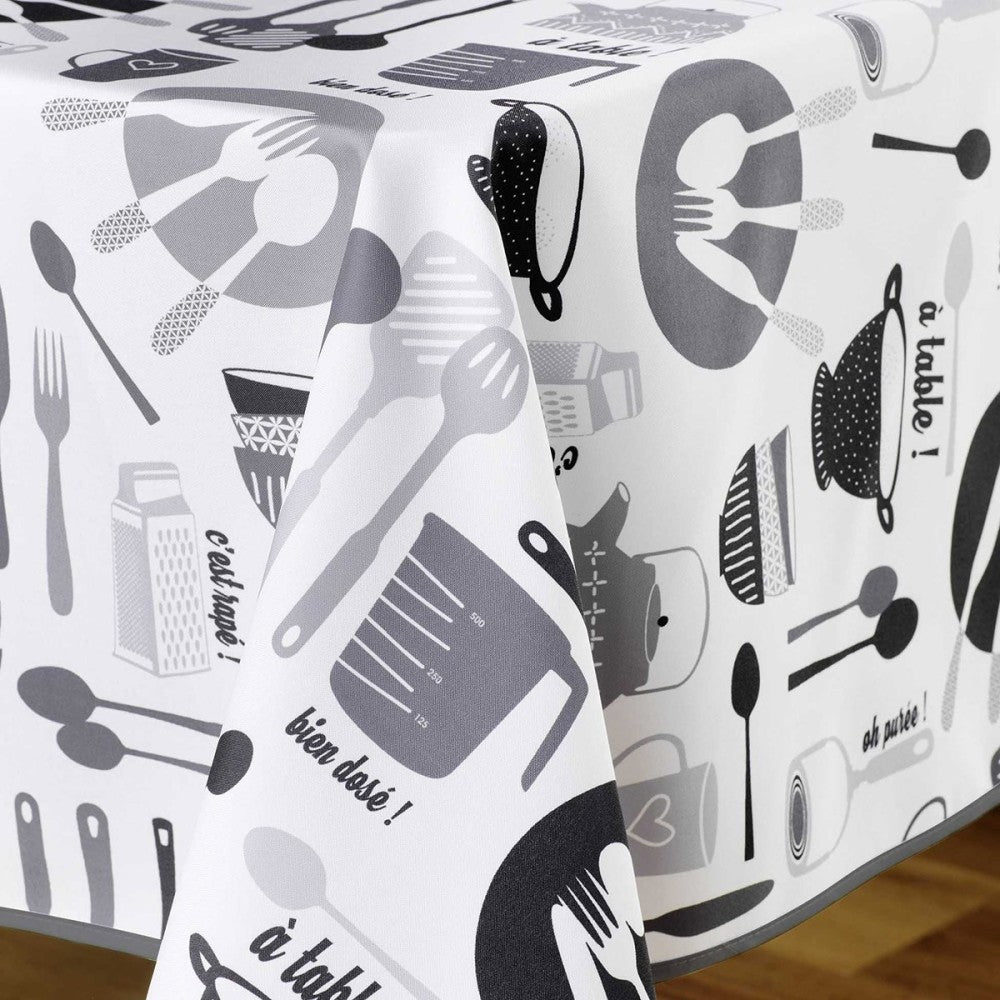 Tovaglia antimacchia rettangolare bianca e grigia con motivi da cucina moderni