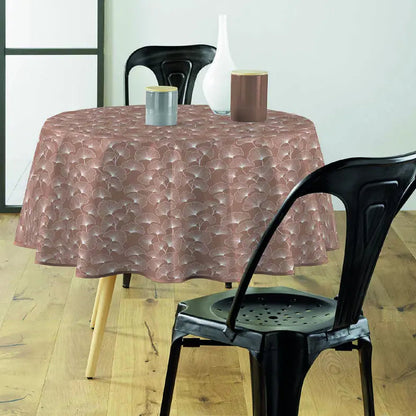 Tovaglia antimacchia marrone con fantasia botanica su tavolo rotondo