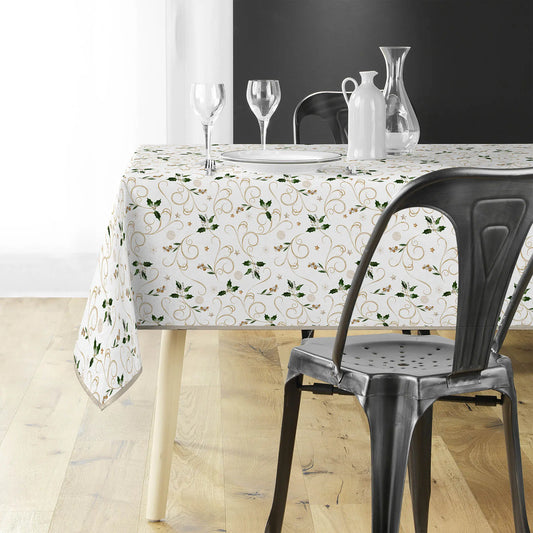 Tovaglia antimacchia natalizia rettangolare bianco e oro con decori festivi e motivi dorati