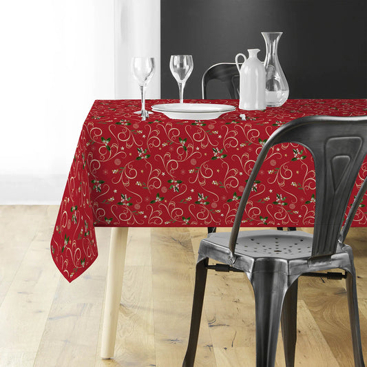 Tovaglia antimacchia natalizia rettangolare rosso e oro con motivi decorativi festivi