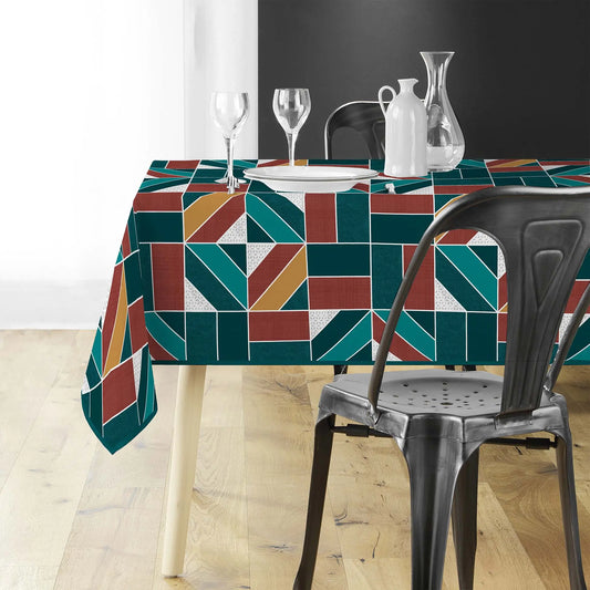 Tovaglia antimacchia rettangolare ottanio e mattone con fantasia geometrica moderna