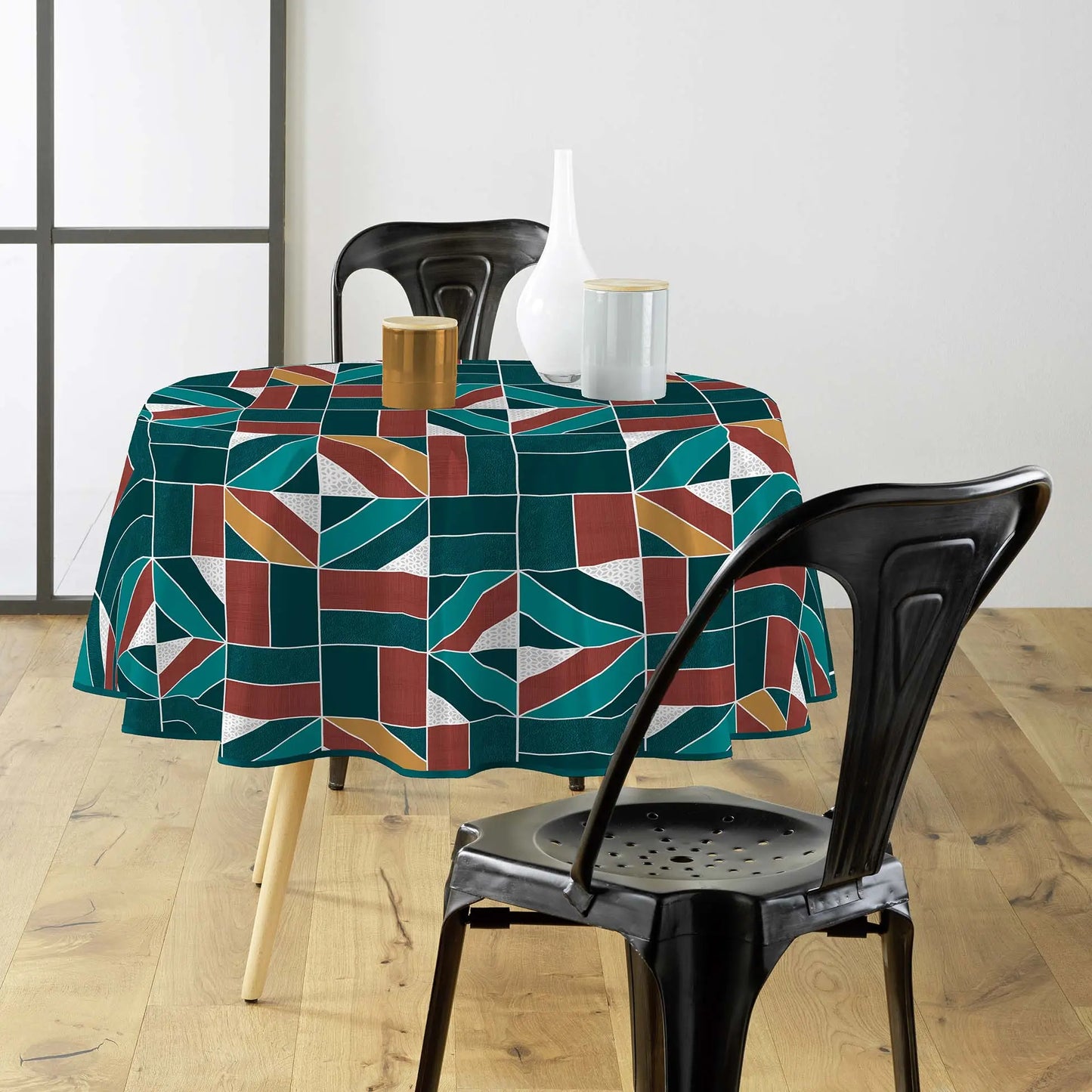 Tovaglia antimacchia rotonda ottanio e mattone con design geometrico elegante