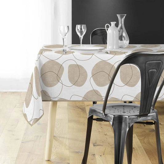 Tovaglia antimacchia rettangolare bianco e beige con motivo geometrico a cerchi