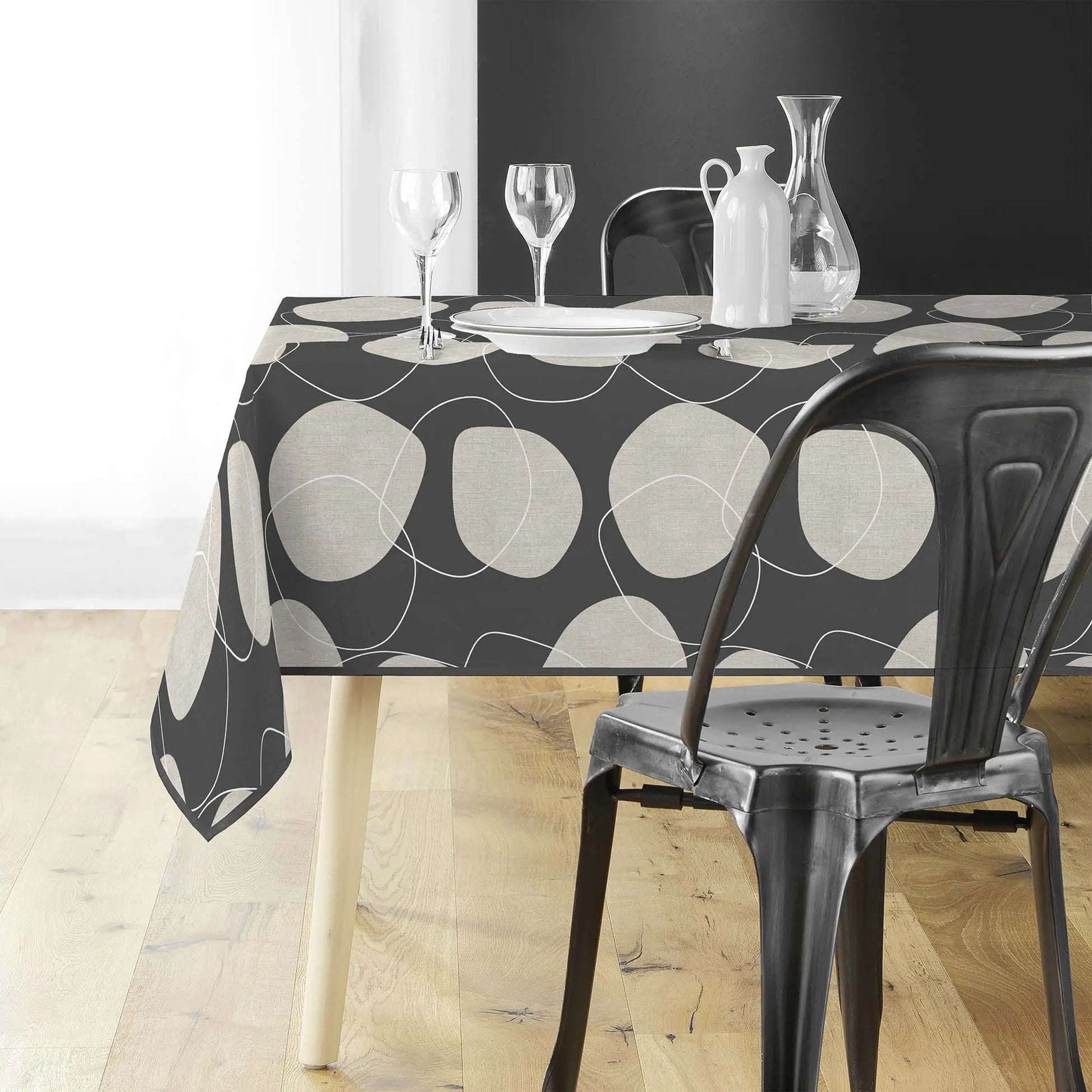 Tovaglia antimacchia rettangolare grigio e beige con motivo geometrico a cerchi