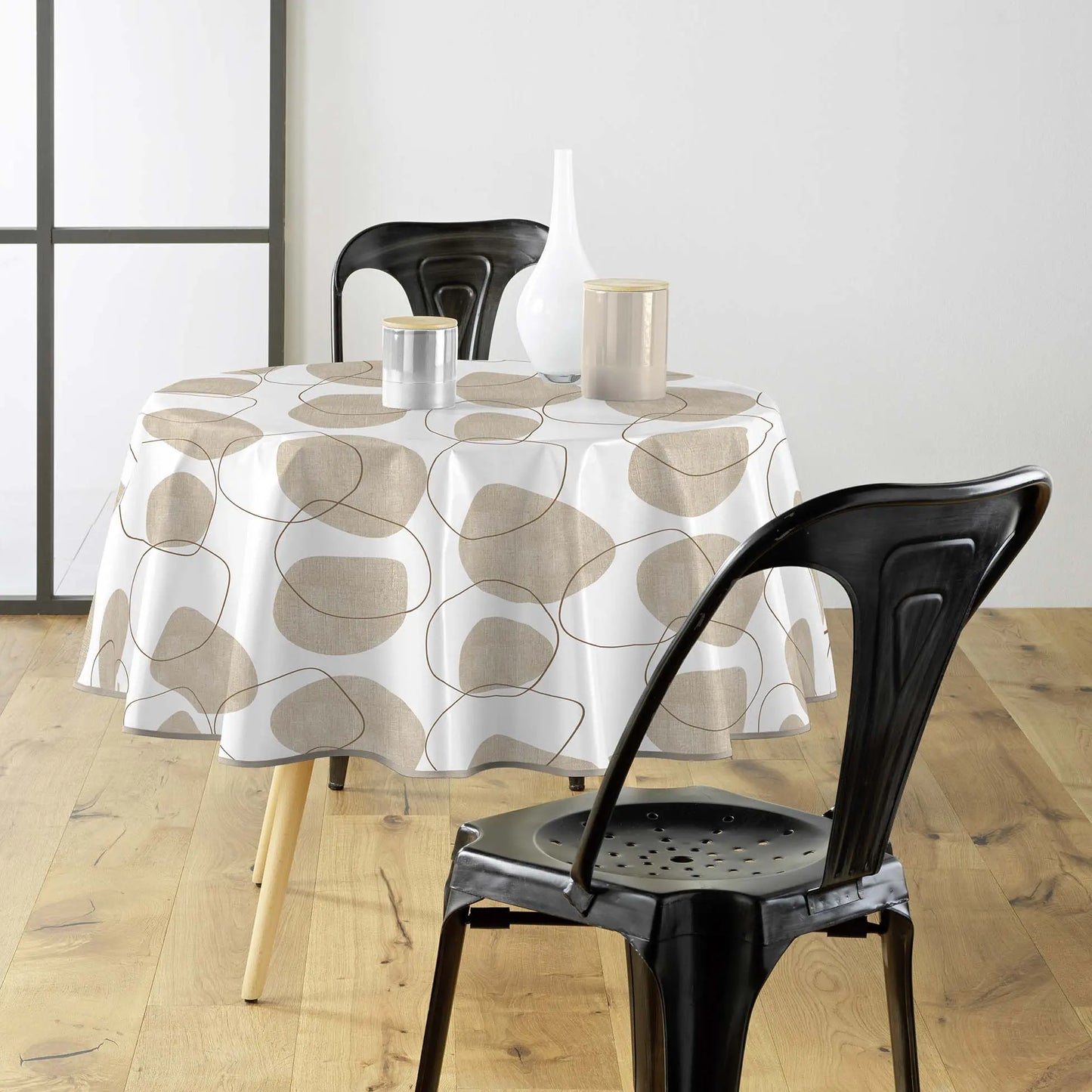 Tovaglia antimacchia rotonda bianco e beige con fantasia geometrica a cerchi, elegante e pratica