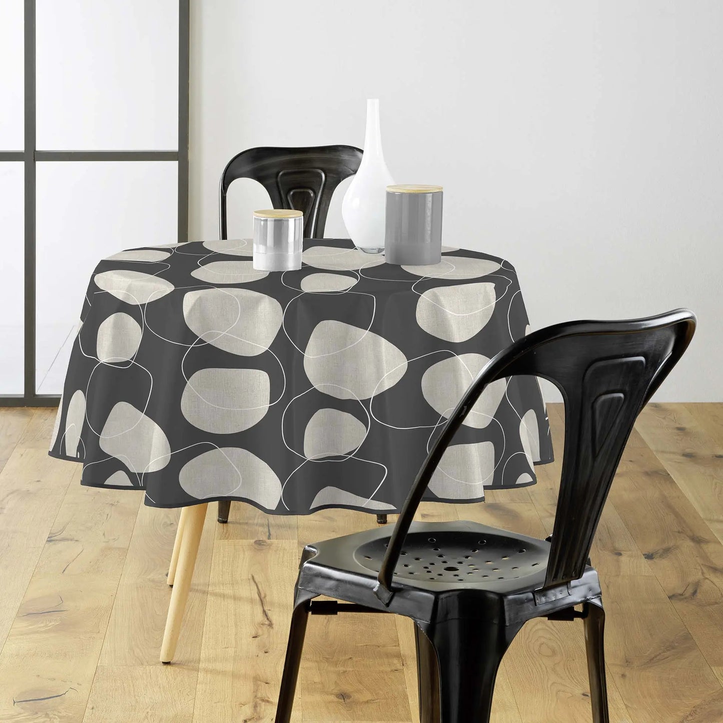 Tovaglia antimacchia rotonda grigio e beige con fantasia geometrica a cerchi, elegante e resistente