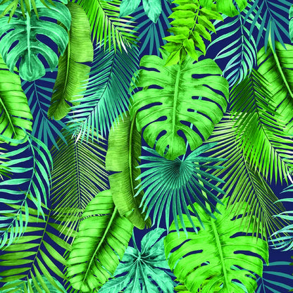 Dettaglio tessuto tovaglia antimacchia verde con fantasia botanica a foglie