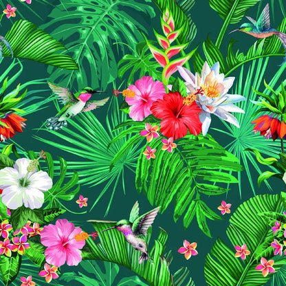 Fantasia botanica tropicale con foglie verdi, fiori e colibrì