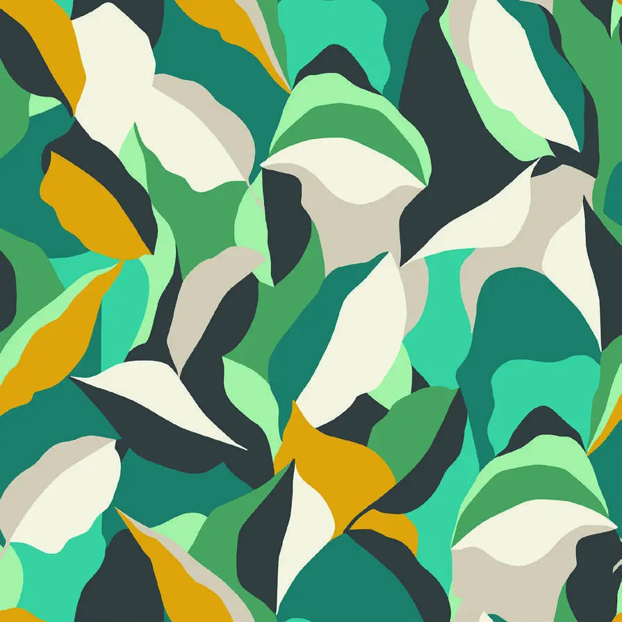 Dettaglio tovaglia antimacchia verde con disegno botanico moderno