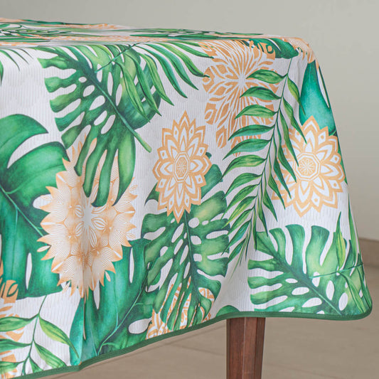 Tovaglia antimacchia rettangolare verde e ocra con foglie tropicali e motivi floreali
