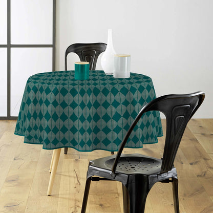 Tovaglia antimacchia rotonda verde ottanio con motivo geometrico elegante e raffinato