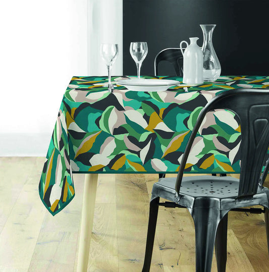 Tovaglia antimacchia rettangolare verde con motivo botanico stilizzato