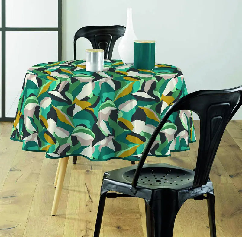 Tovaglia antimacchia rotonda verde con pattern decorativo ispirato alle foglie
