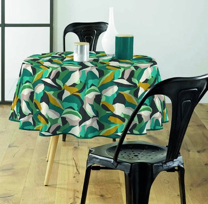 Tovaglia antimacchia rotonda verde con pattern decorativo ispirato alle foglie