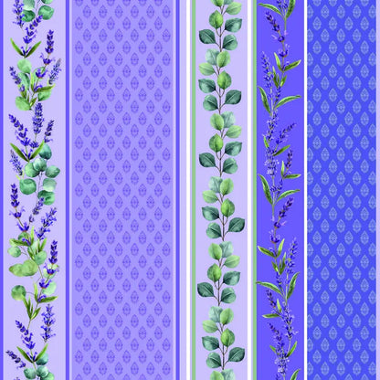 Dettaglio tovaglia antimacchia viola con disegno floreale e fasce decorative