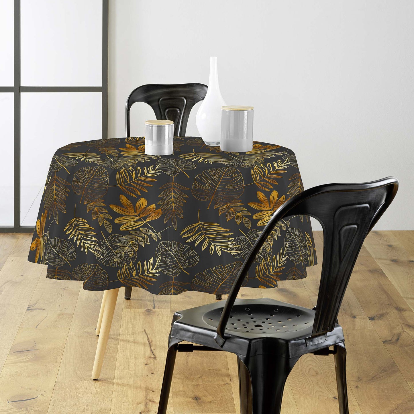 Tovaglia antimacchia rotonda antracite e oro con decoro botanico dorato in lurex