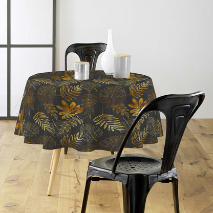 Tovaglia antimacchia rotonda antracite e oro con decoro botanico dorato in lurex