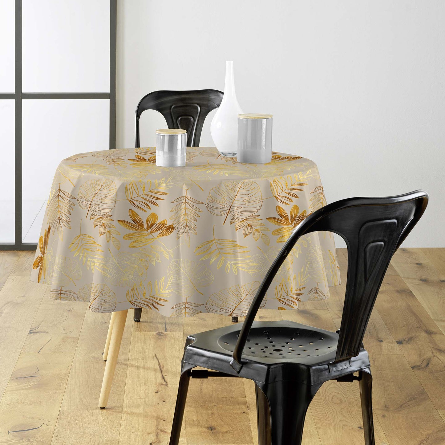 Tovaglia antimacchia rotonda beige e oro con decoro botanico dorato in lurex