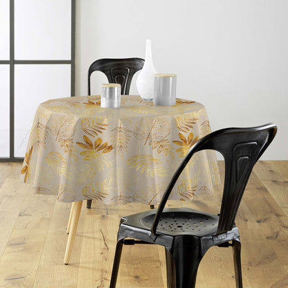 Tovaglia antimacchia rotonda beige e oro con decoro botanico dorato in lurex