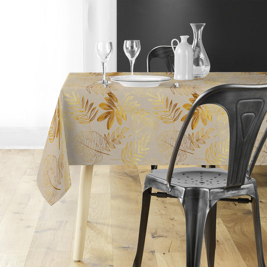 Tovaglia antimacchia rettangolare beige e oro con motivo botanico dorato in lurex