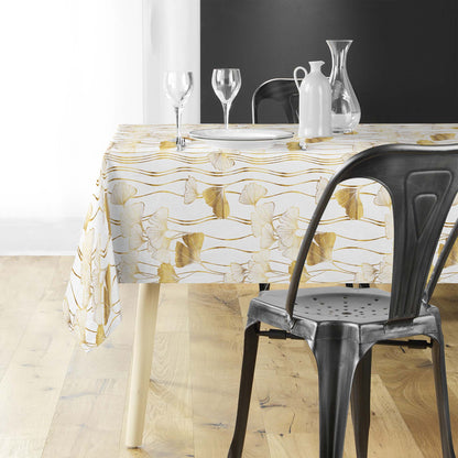 Tovaglia antimacchia rettangolare bianco e oro con foglie ginkgo dorate in lurex