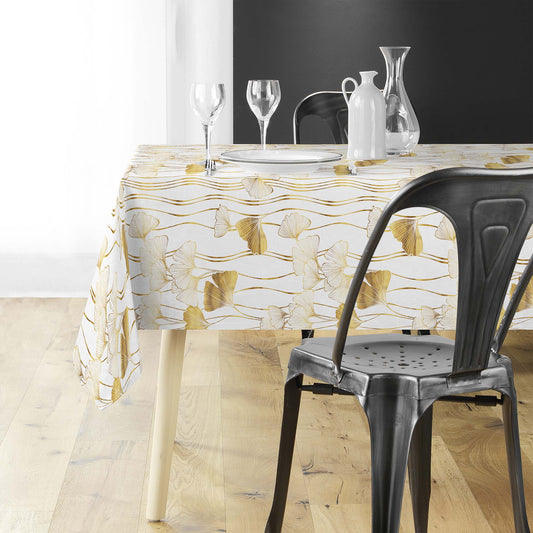Tovaglia antimacchia rettangolare bianco e oro con foglie ginkgo dorate in lurex