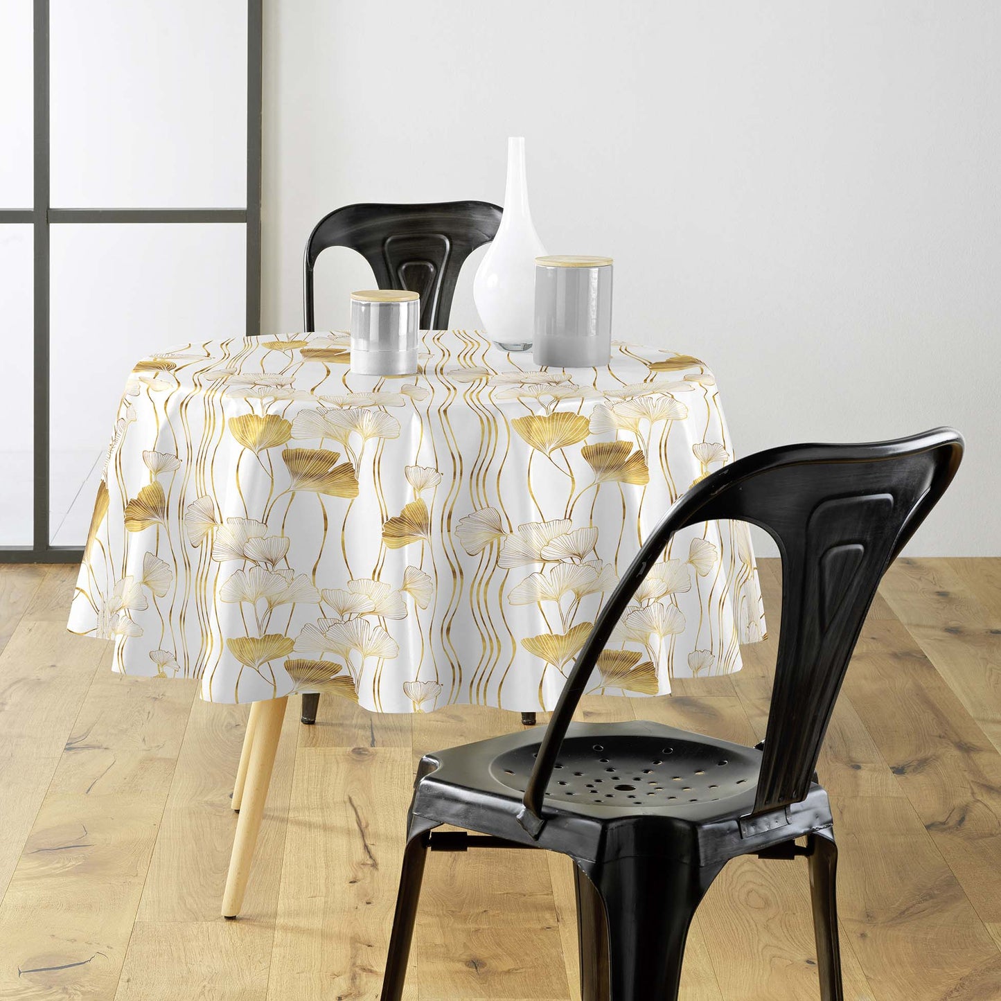 Tovaglia antimacchia rotonda bianco e oro con decorazione ginkgo dorata in lurex
