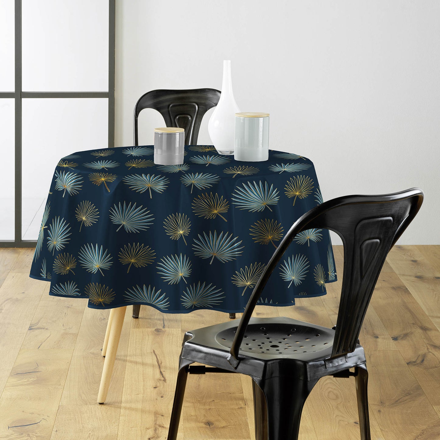 Tovaglia antimacchia rotonda blu notte e oro con disegno a ventaglio stilizzato