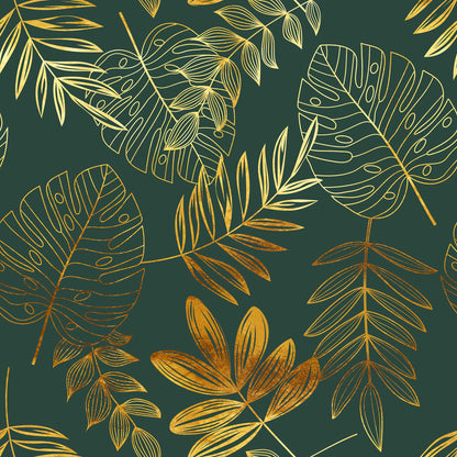 Fantasia tovaglia antimacchia verde e oro con motivo botanico dorato in lurex