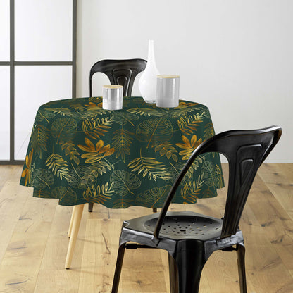 Tovaglia antimacchia rotonda verde e oro con motivo botanico dorato in lurex