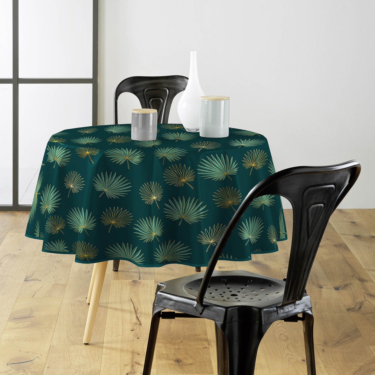 Tovaglia antimacchia rotonda verde smeraldo e oro con disegno a ventaglio stilizzato