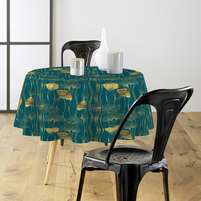 Tovaglia antimacchia rotonda verde smeraldo e oro con decorazione ginkgo dorata in lurex