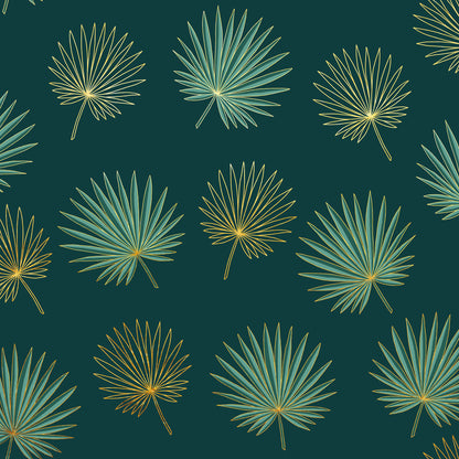 Fantasia tovaglia antimacchia rotonda verde smeraldo e oro con disegno a ventaglio stilizzato